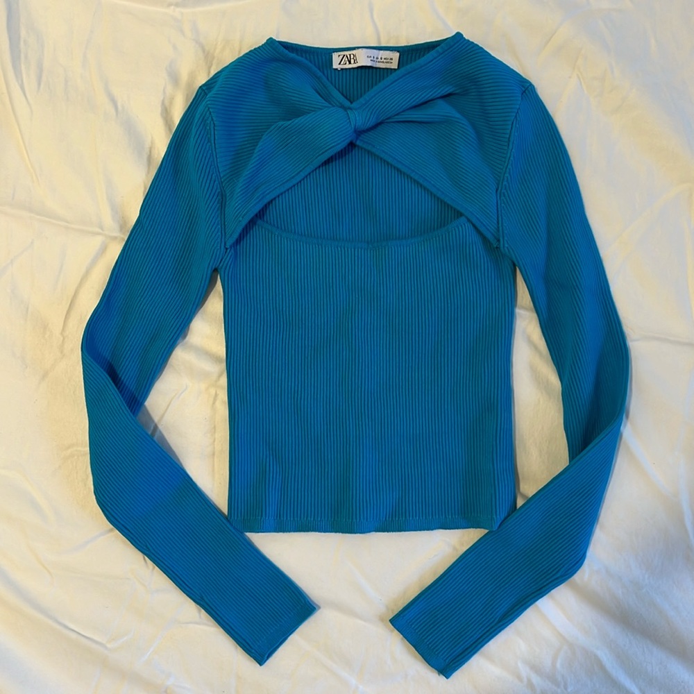 Keyhole twist aqua Zara knit top